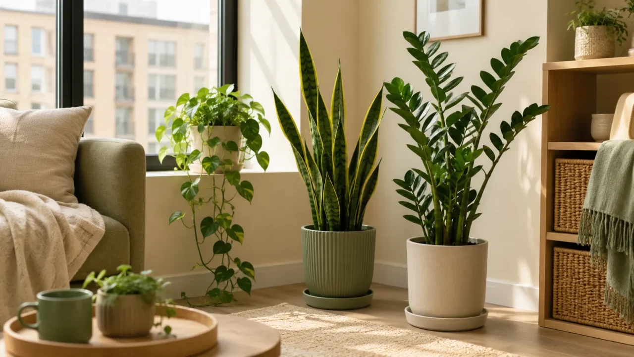 Low light indoor plants in a cozy apartment corner near soft natural light.