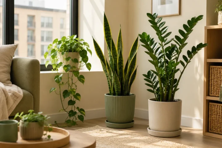 Low light indoor plants in a cozy apartment corner near soft natural light.