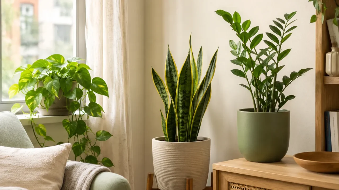 Indoor plant light test in a cozy apartment corner with beginner-friendly plants