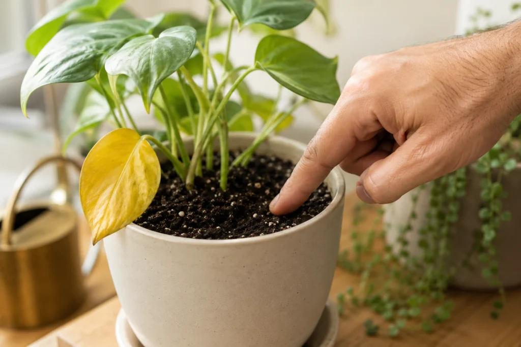 yellow leaf on indoor plant showing common houseplant problem