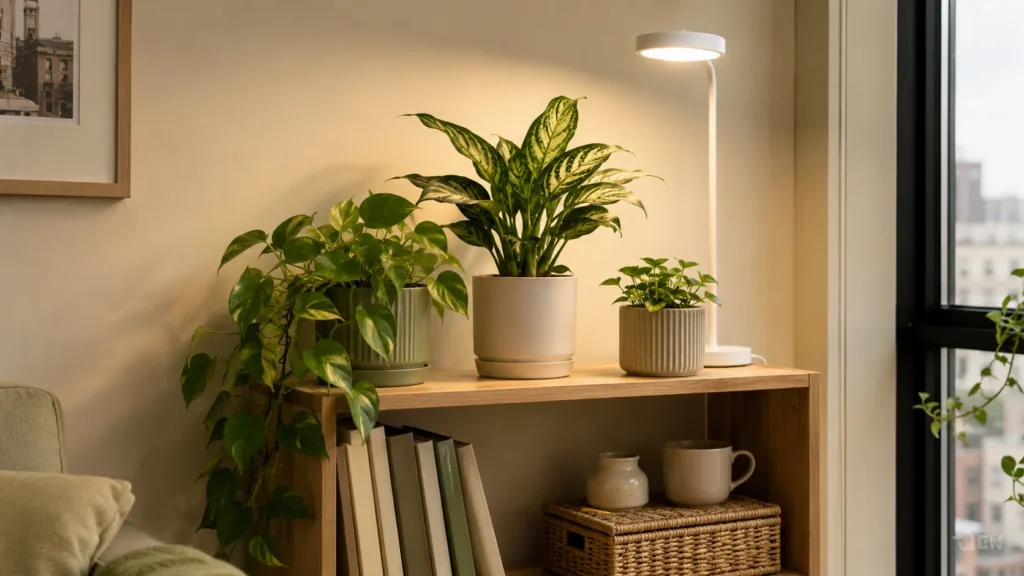 Beginner low light plant shelf with pothos and grow light in a small apartment.
