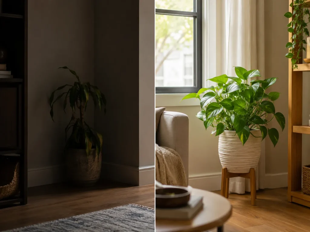 Low light room test comparing dark corner and bright indirect plant placement