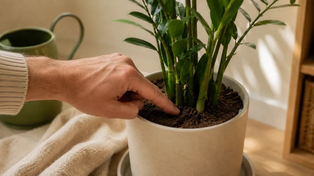Checking soil before watering a low light indoor plant.
